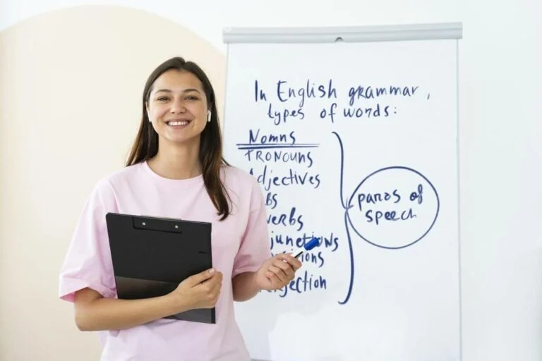 Teacher leading an online English lesson